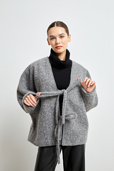 Yefrastore Women's Gray Lace Detailed Imported Cashmere Jacket