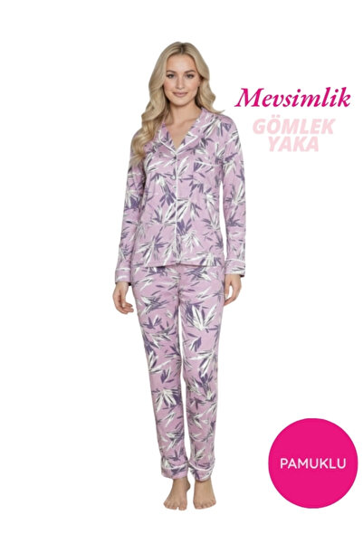 bie's Pijama de damă din bumbac sezonier liliac, cu buzunare la piept, cu nas...