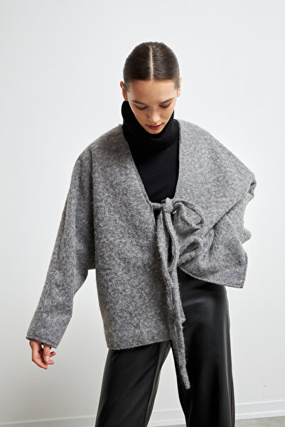 Yefrastore Women's Gray Lace Detailed Imported Cashmere Jacket