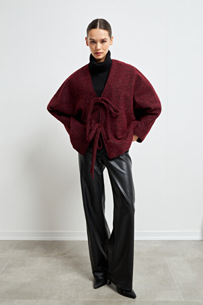 Yefrastore Kadın Bordo Bağcık Detaylı İthal Kaşe Ceket