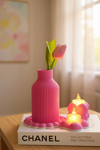 KUKO DESIGN Blossom Şık Dekoratif Vazo Seti Pembe (Çiçeklik+2Mumluk)