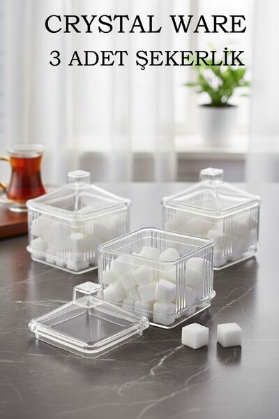 Crystal Ware 3 Adet Şeffaf Kare Kapaklı Şekerlik, Sunumluk F111