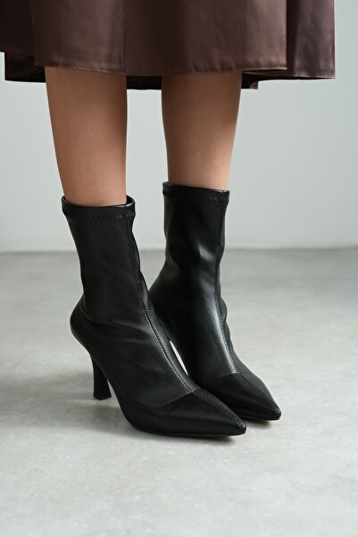 MODAADAM Cizme de damă Lopez din material elastic cu toc ascuțit - piele neagră