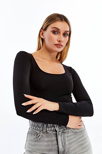 VERANOYA Dekolteli Uzun Kollu Kare Yaka Bluz Siyah