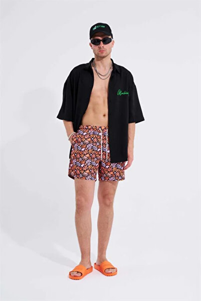 Machinist Men's Plant Leaf Swim Shorts Orange