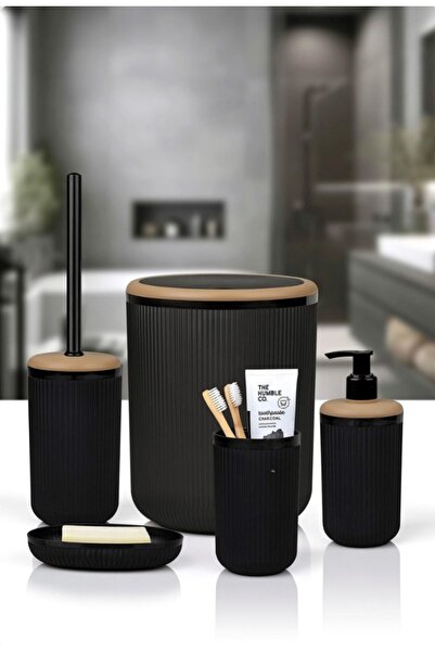 Okyanus Home Σετ μπάνιου Linea Due Μαύρο ριγέ στρογγυλό 5 τεμαχίων