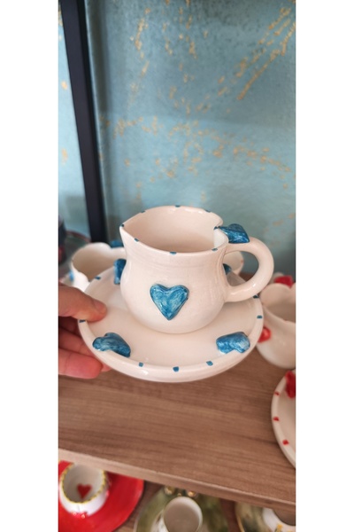 Gül Nakkaş Seramik Seramik el yapımı mavi kalpli orta boy Türk kahve fincanı
