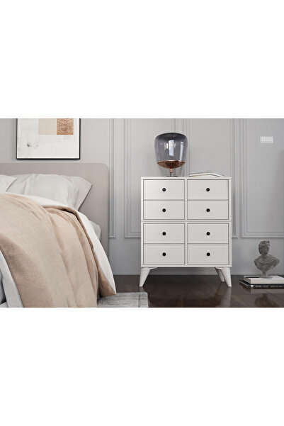 Nettrends Ayaklı Sekiz Çekmeceli Beyaz Komodin Çıtasız Kmd-1057-ç