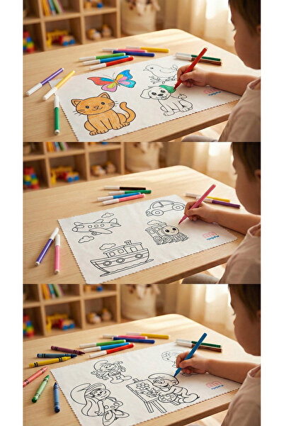 m montefair 3'lü Yıkanabilir Boyama Örtüsü - Hayvanlar, Taşıtlar ve Orman Tem...