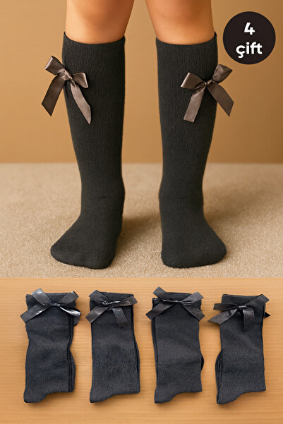 Esinti 4 ζευγάρια κάλτσες με φιόγκο σε χρώμα καπνιστό ανθρακί μέχρι το γόνατο, μακριές κάλτσες κολεγιακού τύπου