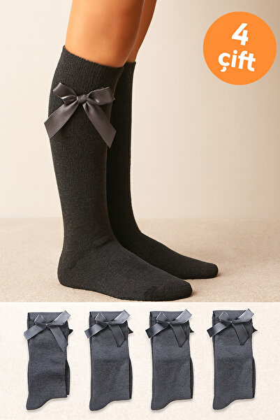 Esinti 4 ζευγάρια κάλτσες με φιόγκο σε χρώμα καπνιστό ανθρακί μέχρι το γόνατο, μακριές κάλτσες κολεγιακού τύπου
