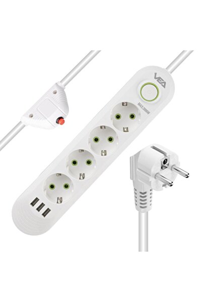 VEA VA-21560 4'lü 3 USB'li 1.5 Metre Akım Korumalı Priz Beyaz