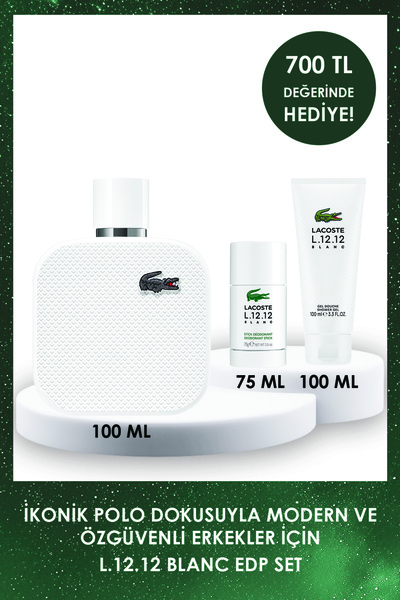 Lacoste L1212 Blanc EDP 100 ml Erkek Parfümü + 75 Gr Deo-Stick + 100 ml Duş Jeli Hediyeli Set