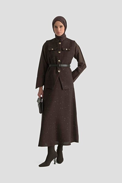 Armine TREND New Season Belted Pulu Vest and Pulu Skirt with Zippered Waist Lined Skirt Top and Bottom Set