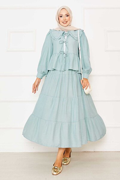 EBRUTESETTÜR Peter Pan collar Front Lace-Up Skirt Suit Mint