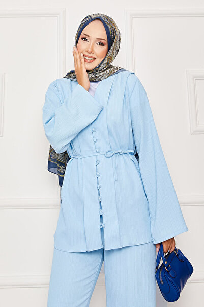 EBRUTESETTÜR Portable Belted Brit Buttoned Double Suit Baby Blue