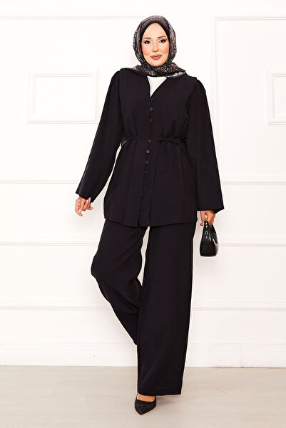 BELLUNI COLLECTION طقم مزدوج بحزام وربطة عنق من بريت، أسود اللون