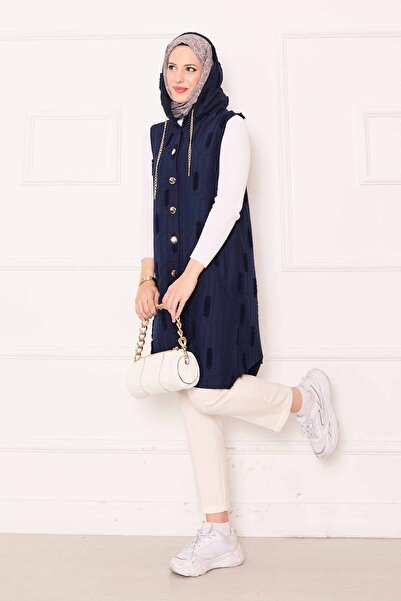 EBRUTESETTÜR Chain Detailed Buttoned Quilted Vest Navy Blue
