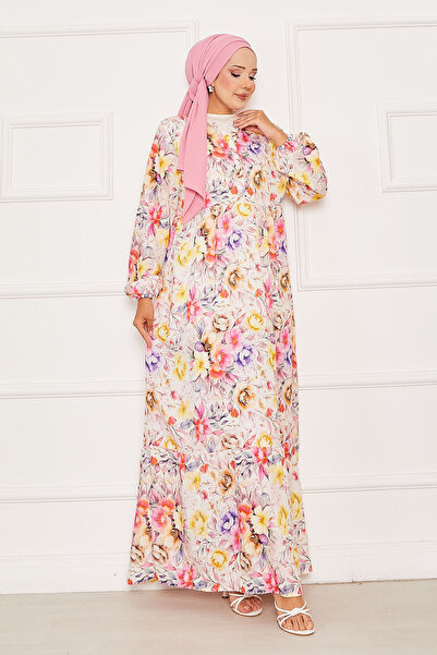 EBRUTESETTÜR Floral Half Button Hijab Dress Pink