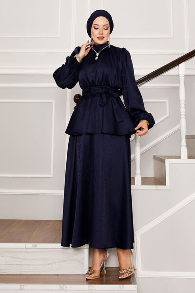 EBRUTESETTÜR بدلة جاكار بحزام مطاطي عند الخصر باللون الأزرق الداكن