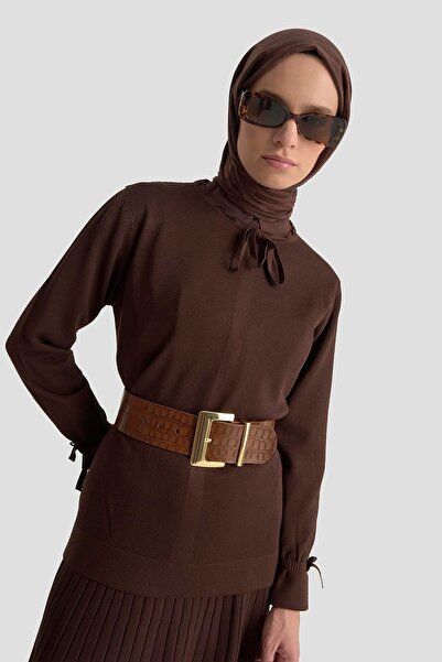 Armine TREND New Season Crew Neck Ribbon Detailed Drawstring Sleeve Knitwear Blouse Elastic Waist Skirt Top and Bottom Set