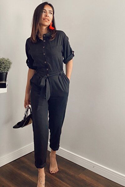 ASHCO Siyah Önden Düğmeli Bel Kısmı Kemerli Tulum