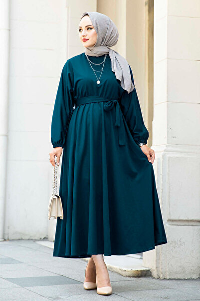 EBRUTESETTÜR Beli Kuşaklı Tesettür Elbise 100MD-10528 Petrol
