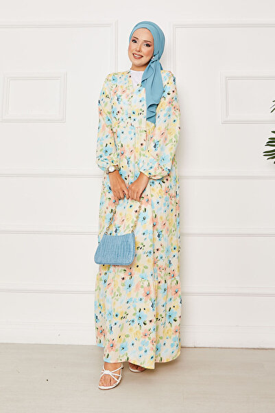 EBRUTESETTÜR Half Button Detailed Floral Pattern Dress Yellow