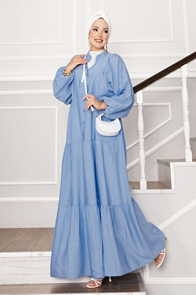 EBRUTESETTÜR Önü Yarım Düğmeli Kat Kat Elbise Bebe Mavisi