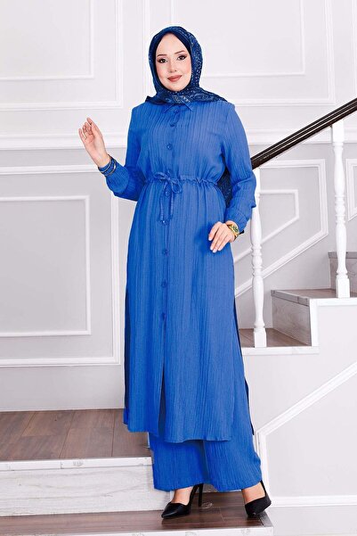 EBRUTESETTÜR Blue Hijab Suit with Tied Waist Trousers