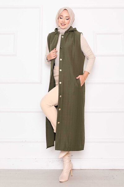 EBRUTESETTÜR Buttoned & Hooded Long Quilted Vest Khaki