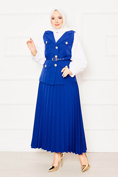 EBRUTESETTÜR Eteği Piliseli Kemerli Yelekli İkili Takım Saks