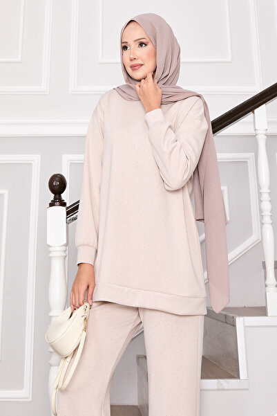 EBRUTESETTÜR Sparkling Crew Neck Two-Piece Set Stone