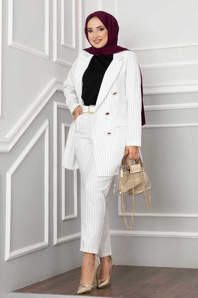 EBRUTESETTÜR طقم حجاب مخطط بياقة منديل باللون الأبيض