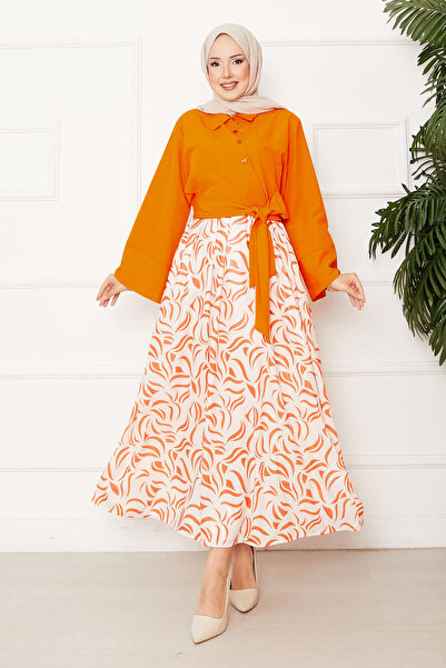 EBRUTESETTÜR Shirt with Self-Tie Wide-Sleeved Skirt Suit Orange