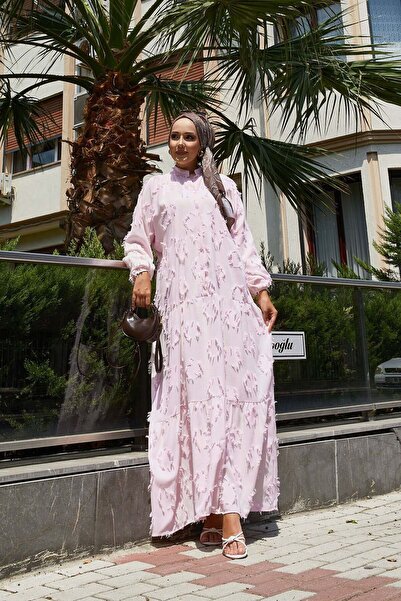 EBRUTESETTÜR Yarım Düğmeli Püskül Detaylı Tesettür Elbise Pembe