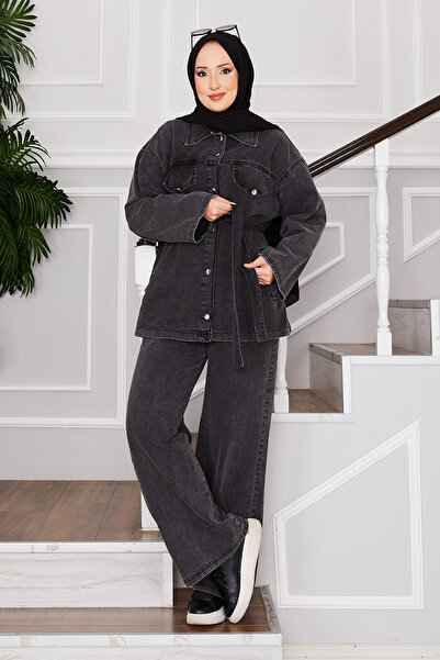 EBRUTESETTÜR طقم جاكيت وبنطلون وتنورة وبنطلون جينز للنساء المحجبات بلون أنثرا...