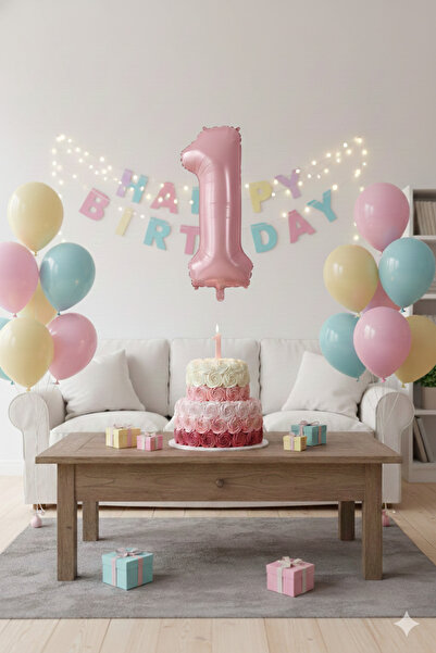 Deniz Party Store Pembe 1 Bir Yaş Folyo Balon 34 Inç 76-80 Cm