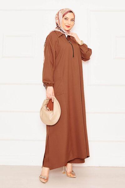 EBRUTESETTÜR Comfortable Fit Hijab Suit with Half Zipper Detail on the Front, Tan Color