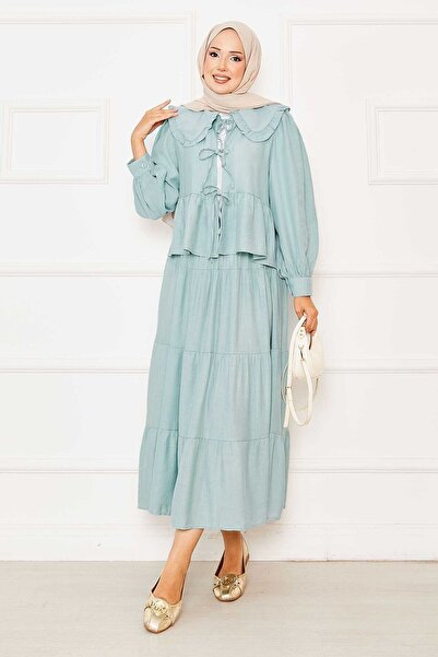 EBRUTESETTÜR Peter Pan collar Front Lace-Up Skirt Suit Mint