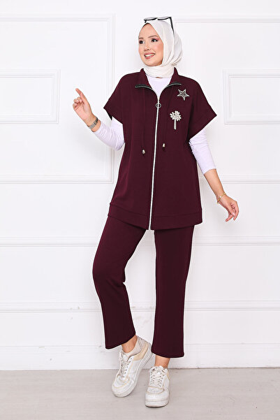 EBRUTESETTÜR Stone Embroidered Zippered Vest Suit Burgundy
