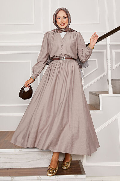 EBRUTESETTÜR طقم مكون من قطعتين من بريت ديوتي، مزين بأزرار وتنورة، لون مينك