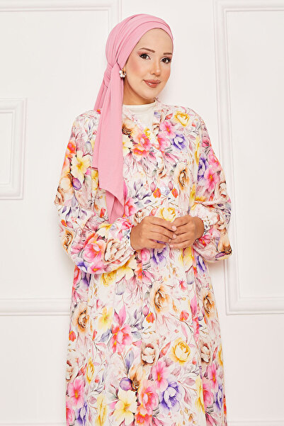 EBRUTESETTÜR Floral Half Button Hijab Dress Pink