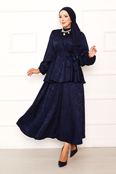 EBRUTESETTÜR Drawstring Waistband Jacquard Skirt Suit with Belt Navy Blue