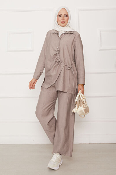 EBRUTESETTÜR بدلة مزدوجة من فرو المنك مع أربطة جانبية وجزء أمامي مطاطي