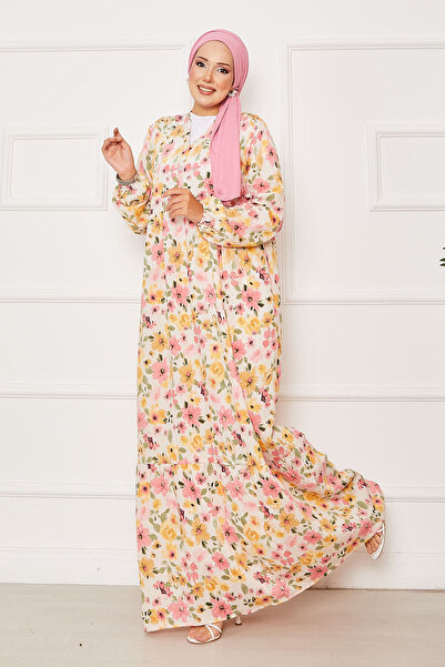 EBRUTESETTÜR Half Button Detailed Floral Pattern Dress Pink