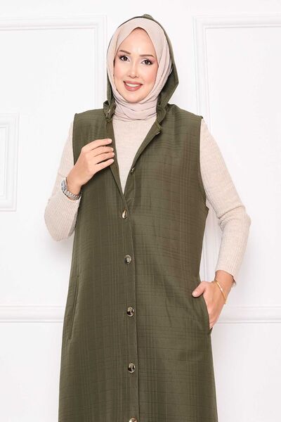 EBRUTESETTÜR Buttoned & Hooded Long Quilted Vest Khaki