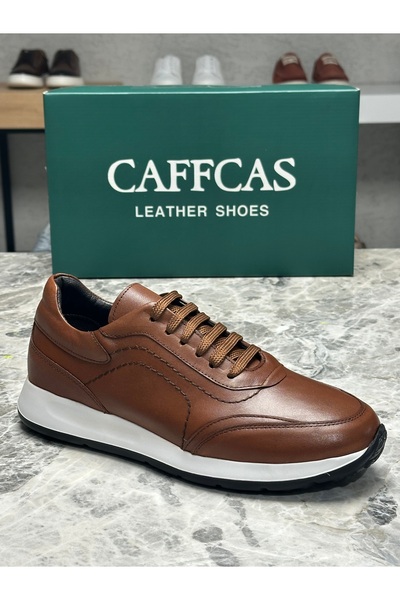 Caffcas حذاء رجالي رياضي كاجوال مصنوع يدويًا من الجلد الطبيعي بلون أسمر 1458-51