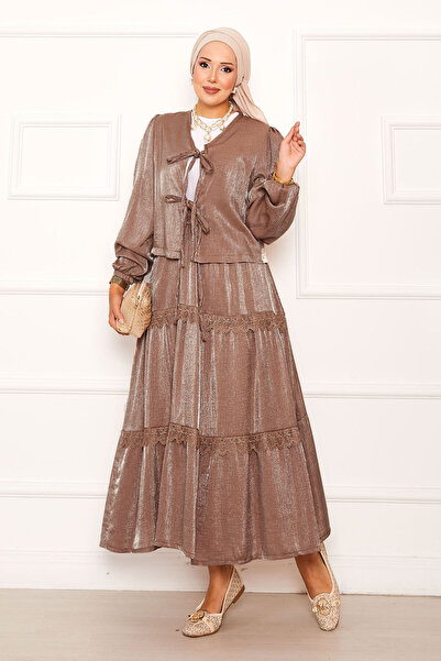 EBRUTESETTÜR طقم كيمونو مع تنورة بتفاصيل جوبر باللون البني
