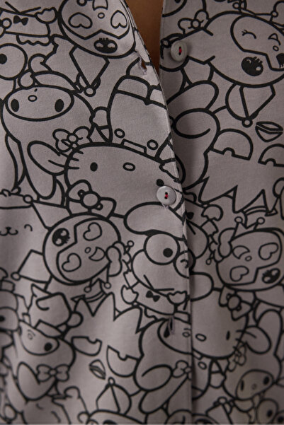 Penti Gray Kuromi Printed Long Sleeve Cotton Oversized Shirt Pajama Set